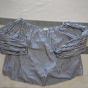 Forever 21+ 3X Off the‎ Shoulder Blue and White Striped 3/4 Sleeve